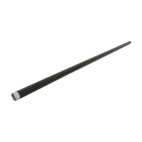 QTX 36W 4ft T8 fluorescent black light tube in black glass with metal end cap and bi-pin connectors, shown diagonally on a plain white background.