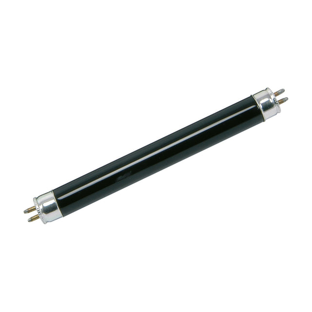 QTX 4W 135mm UV mini tube in F4 T5 BLB format with black glass envelope and chrome bi-pin end caps, shown on a plain white background.