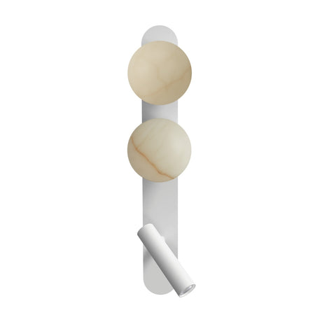 Bubble Alabaster Globe Wall Light with Reading Light in matt white, featuring two cream alabaster spheres, a slim vertical backplate, and an adjustable integrated reading light.