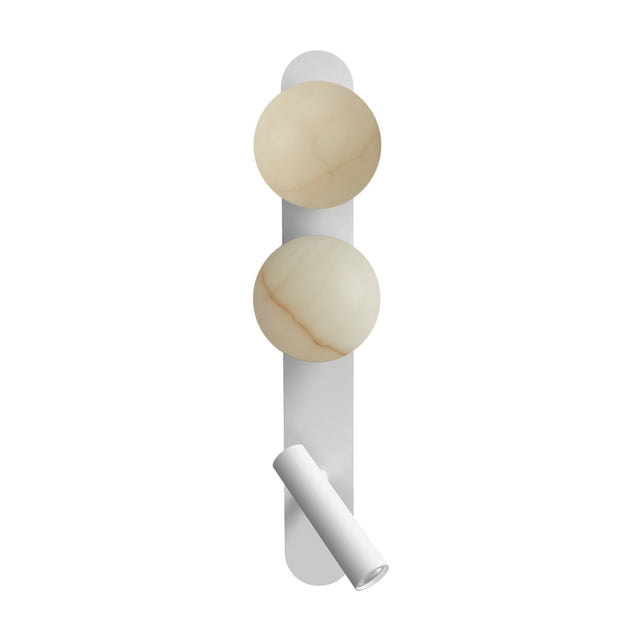 Bubble Alabaster Globe Wall Light with Reading Light in matt white, featuring two cream alabaster spheres, a slim vertical backplate, and an adjustable integrated reading light.