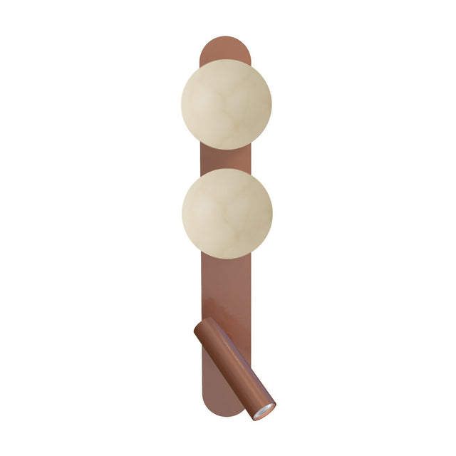 Bubble Alabaster Globe Wall Light with Reading Light in copper, featuring two round alabaster globes on a tall backplate with an adjustable LED reading light below.