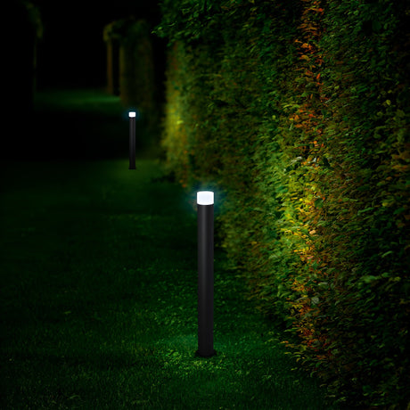 A dimly lit pathway features the sleek Drape Outdoor Bollard Light in grey, standing at 80cm tall. Their glowing tops cast subtle illumination over the garden, illuminating the lush green grass that covers the path. A tall, dense hedge lines the right side of this serene scene as it unfolds under the night sky.