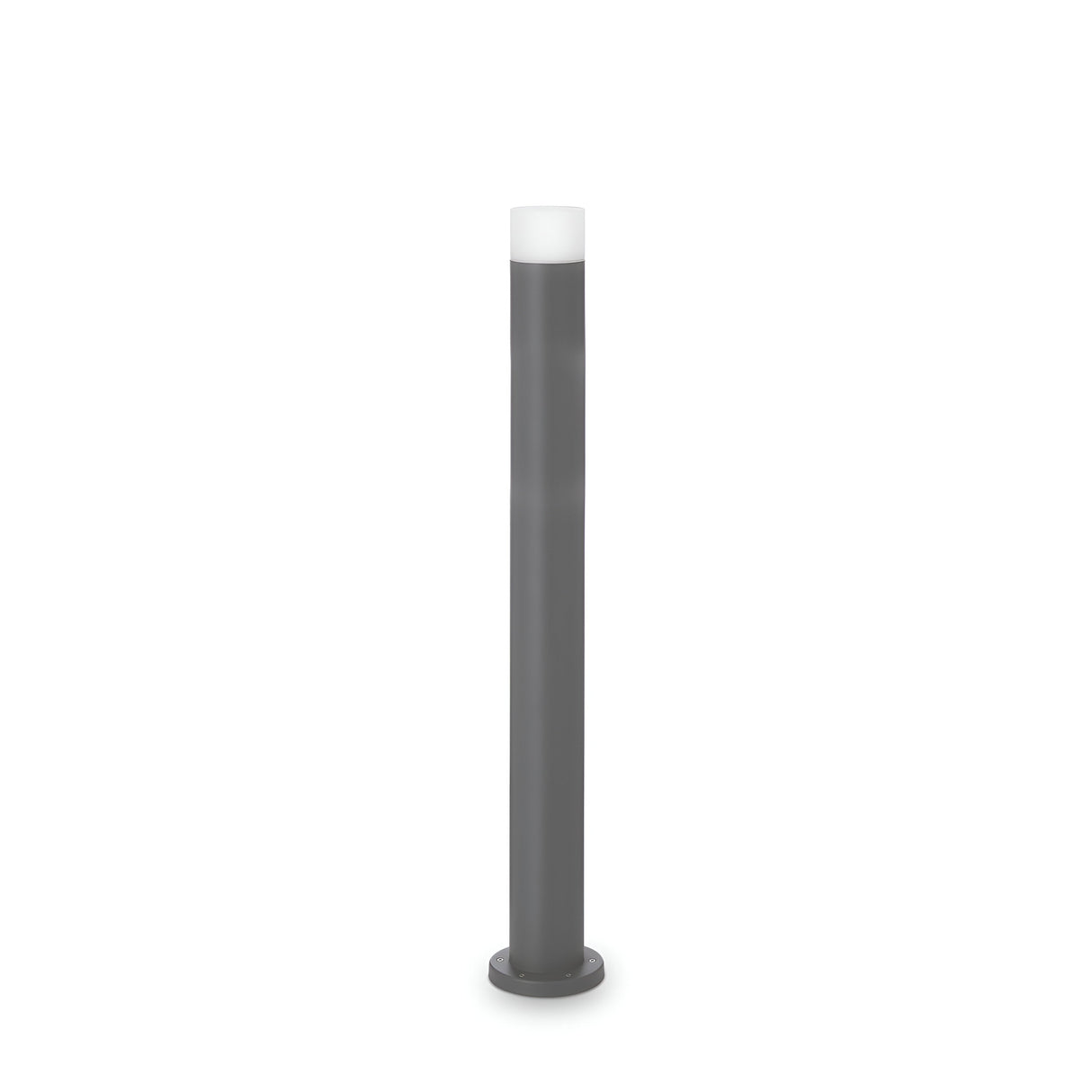 The Drape Outdoor Bollard Light - Grey, 80cm is a chic and contemporary addition to your garden or patio. Its tall, cylindrical gray structure paired with a translucent cap stands elegantly against a plain white background, providing sophisticated outdoor lighting.