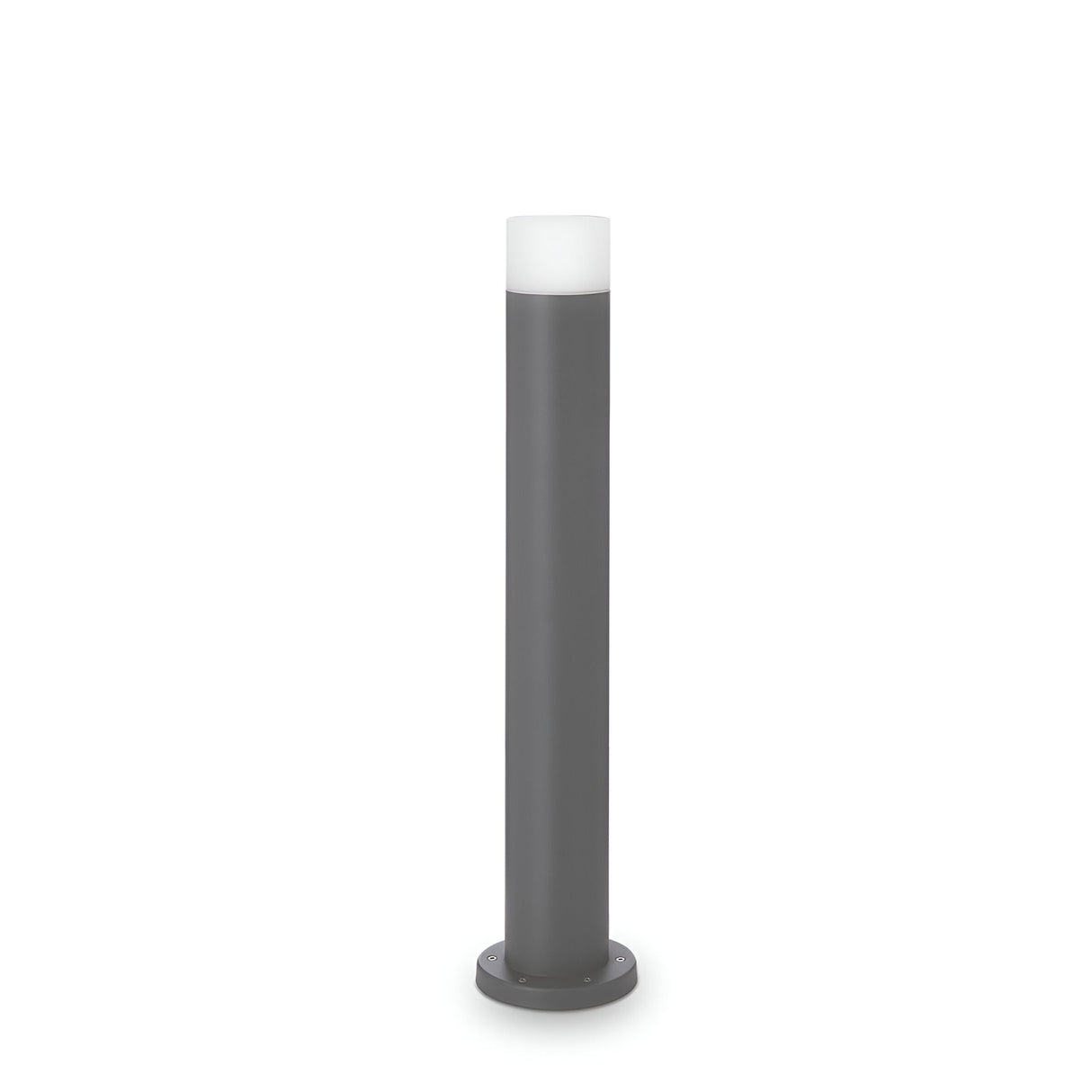 The Drape Outdoor Bollard Light - Grey, 60cm is a sleek, cylindrical fixture with a grey metal finish and a white frosted top. It boasts an energy-efficient bulb and stands upright on a round base against a plain white background.