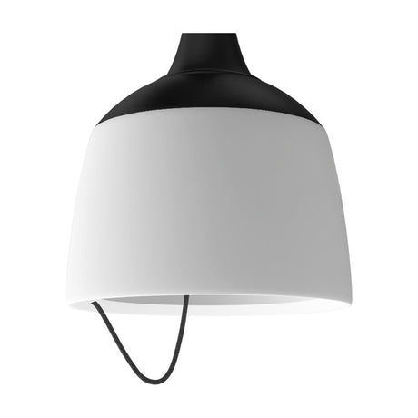 Barna LED Dome Pendant Light with matt black top and collar, white aluminium bell-shaped shade, and black textile cable, shown on a plain white background.