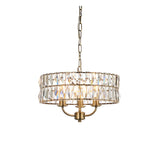 Endon Bevmont 3 light pendant in brass with a drum shade of clear cut faceted glass on a height adjustable chain, shown on a white background.
