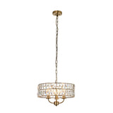 Endon Bevmont 3 light pendant in brass with a drum shade of clear cut faceted glass on a height adjustable chain, shown on a white background.