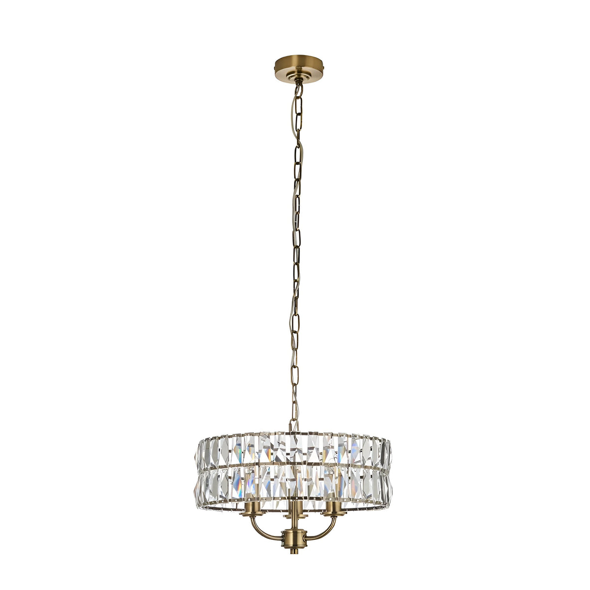 Endon Bevmont 3 light pendant in brass with a faceted crystal glass drum shade on an adjustable chain, shown against a plain white background.