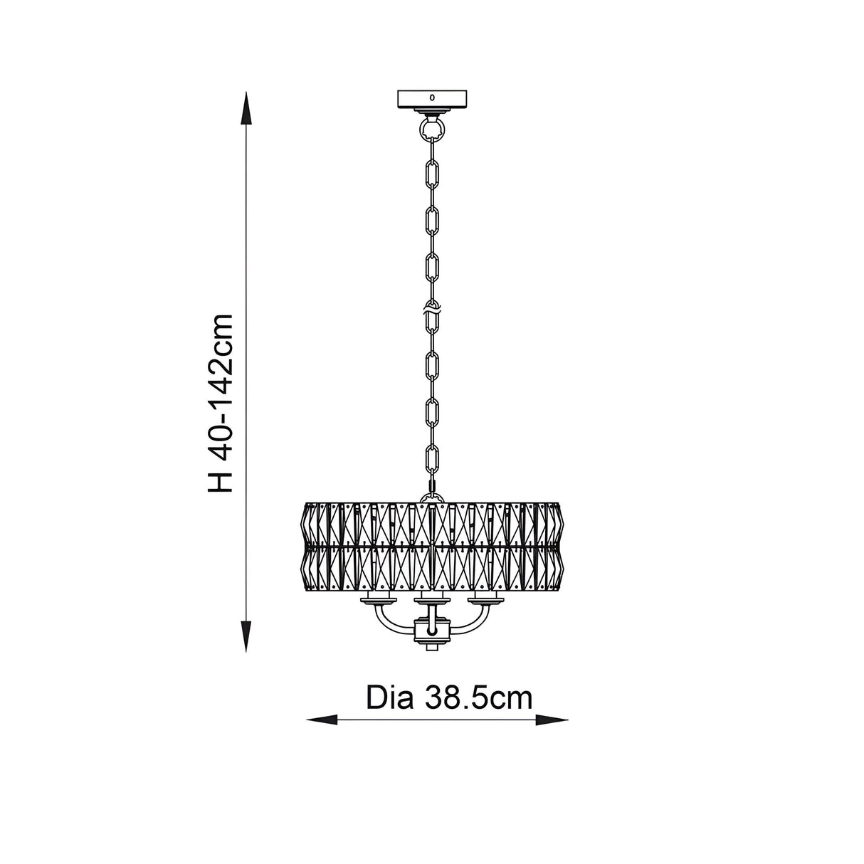 Endon Bevmont 3 light pendant dimension diagram showing 38.5cm diameter and adjustable height of 40 to 142cm on a chain suspension.