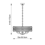Line drawing of the Bevmont 5 Light Pendant in brass with a drum-shaped faceted glass shade on an adjustable chain, height and 50.5cm diameter labelled.