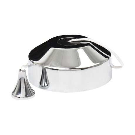 A polished chrome 10AX 2-Way Pull Cord Switch featuring a shiny, reflective surface and a white cord connected to a sleek, cone-shaped handle. The switch glistens like pristine bathrooms and is set against a white background.