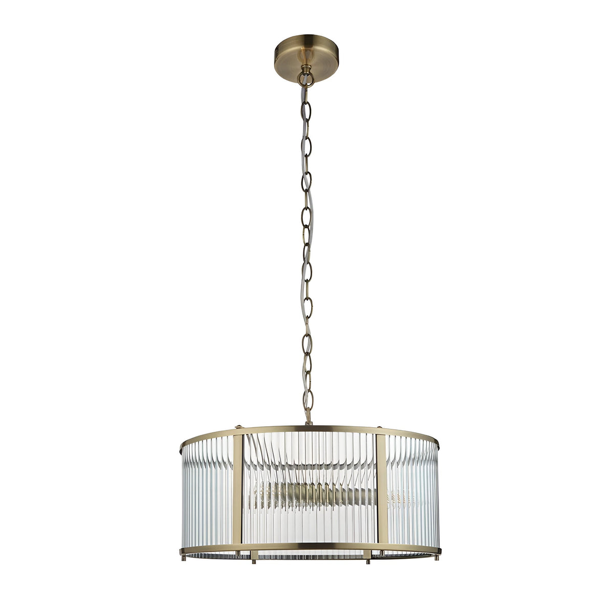 Rothbury 3 Light Pendant in antique brass with clear ribbed glass panel shades, hung from an adjustable chain on a plain white background.