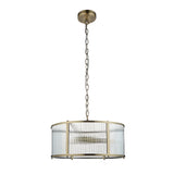 Rothbury 3 Light Pendant in antique brass with clear ribbed glass panel shades, hung from an adjustable chain on a plain white background.