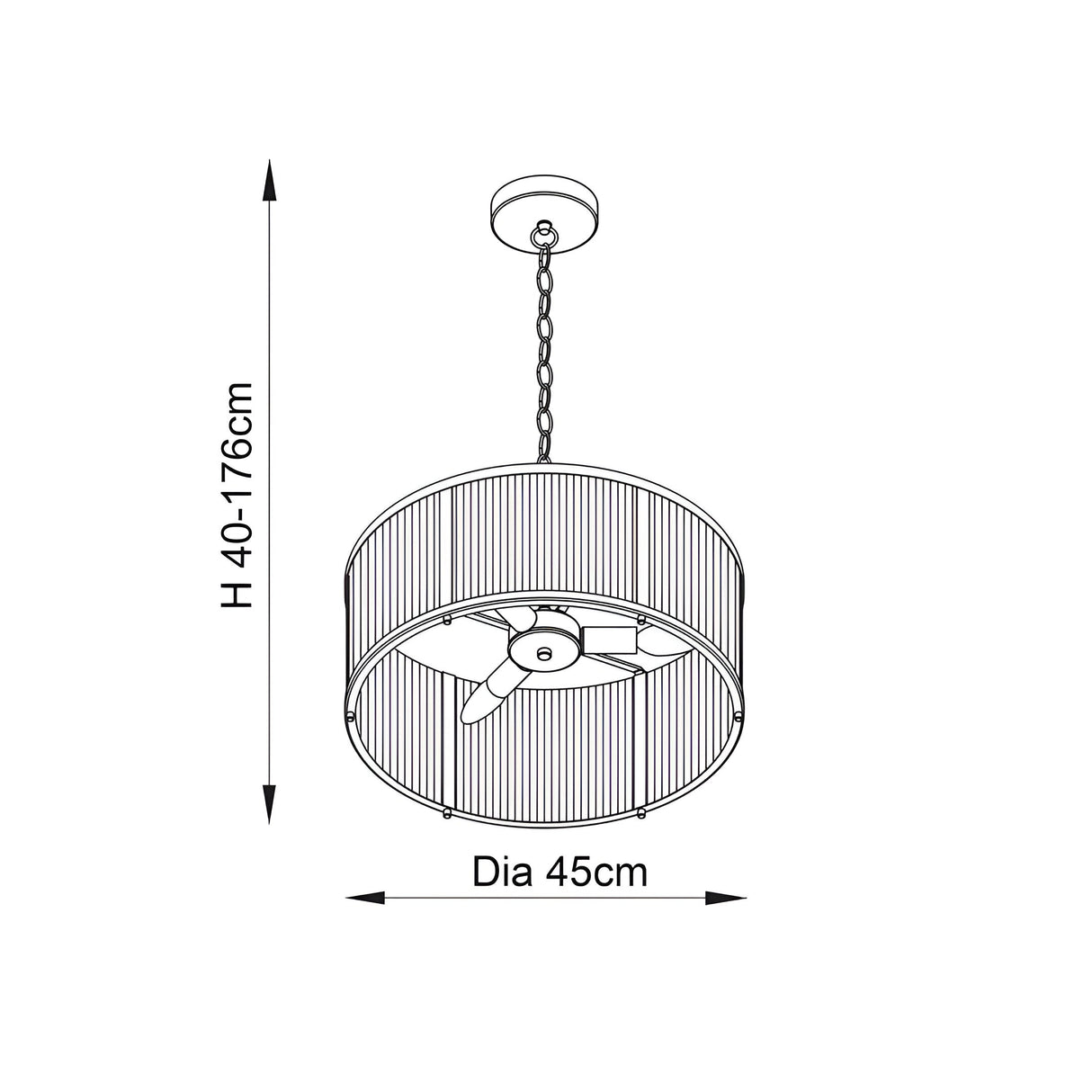 Rothbury 3-light pendant in antique brass with ribbed glass drum shade, adjustable chain, ceiling rose; diagram shows 45cm diameter, 40-176cm height.