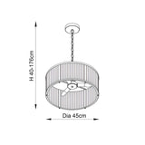 Rothbury 3-light pendant in antique brass with ribbed glass drum shade, adjustable chain, ceiling rose; diagram shows 45cm diameter, 40-176cm height.
