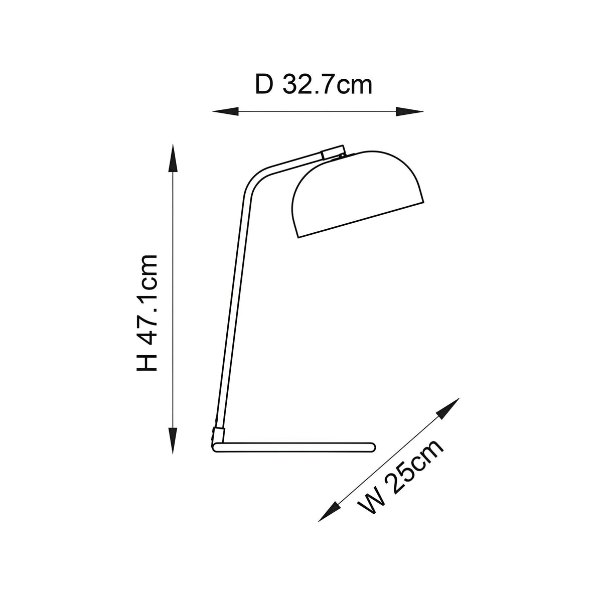 Line drawing of the Ashdon Table Lamp in black showing an angled arm, dome shade, and rectangular base with dimensions H 47.1cm, D 32.7cm, W 25cm.