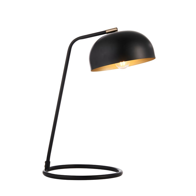 Ashdon Table Lamp in matt black metal with a domed shade, gold-toned interior, angled arm, ring base, and E14 bulb, shown on a plain white background.