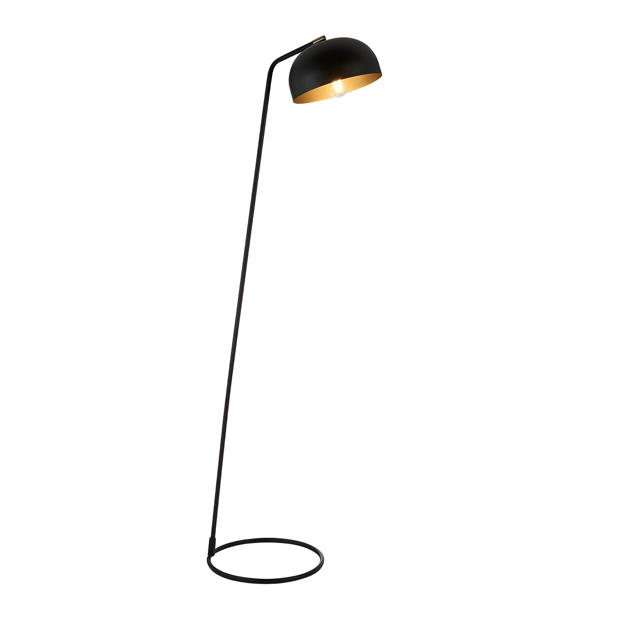Endon Ashdon floor lamp in matt black with an adjustable dome shade lined in antique brass, slim angled stem and circular base, on a white background.