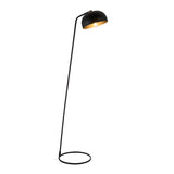 Endon Ashdon floor lamp in matt black with an adjustable dome shade lined in antique brass, slim angled stem and circular base, on a white background.