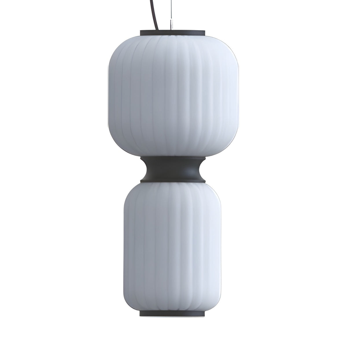 Whiteberry Echo LED pendant light with two stacked ribbed white glass sections pinched by a matt black collar and rimmed top and bottom, shown on a plain white background.