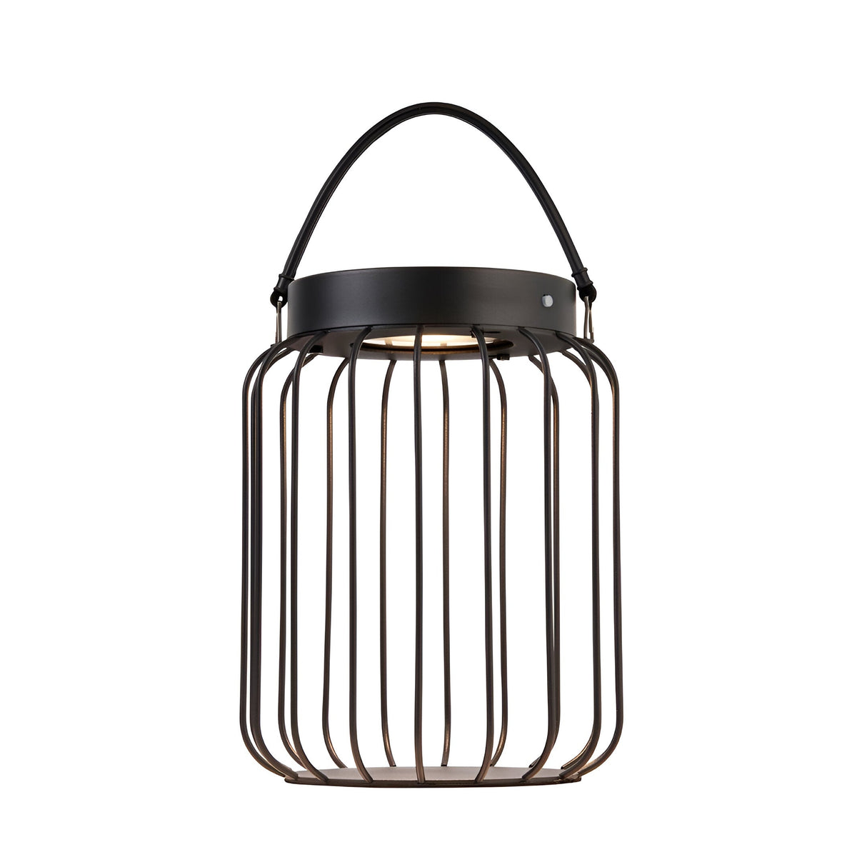Endon Cranwood LED solar table lamp with matt black open metal cage frame and leather-style carry handle, shown on a plain white background.