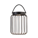 Endon Cranwood LED solar table lamp with matt black open metal cage frame and leather-style carry handle, shown on a plain white background.