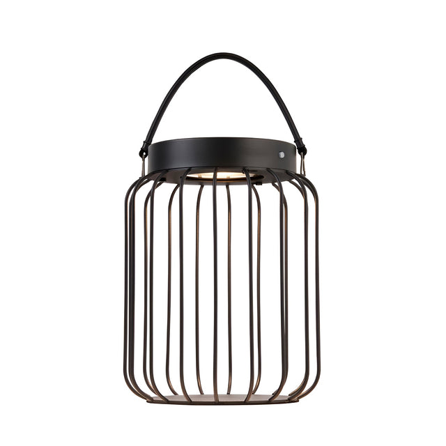 Endon Cranwood LED solar table lamp with matt black open metal cage frame and leather-style carry handle, shown on a plain white background.