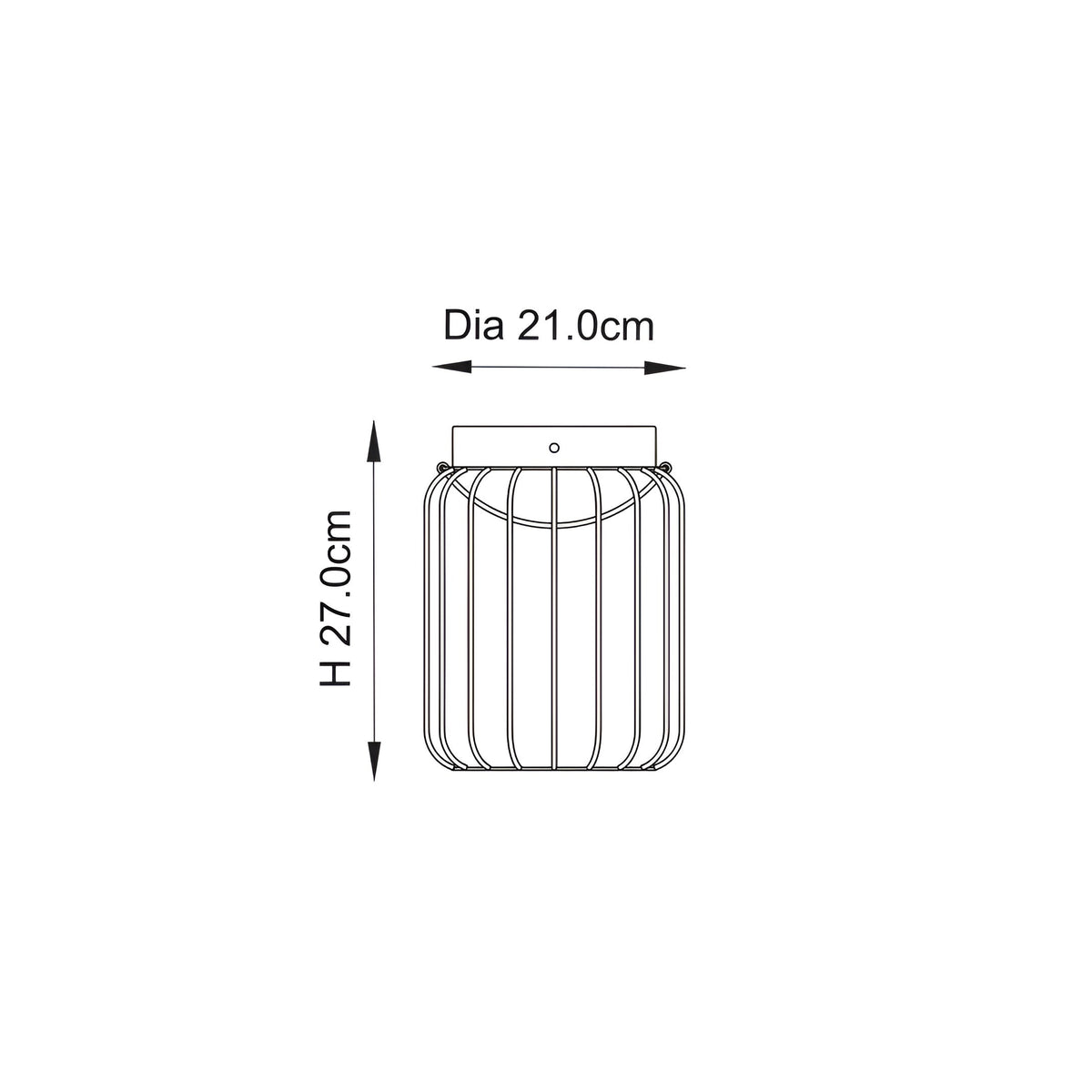 Dimension diagram of the Endon Cranwood LED table lamp showing 21cm diameter and 27cm height for the matt black caged fitting.