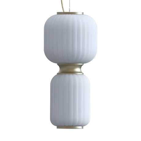 Whiteberry Echo LED Ribbed Glass Pendant Light in gold, with two stacked white ribbed glass shades joined by a gold collar and slim gold bands, shown on a plain white background.