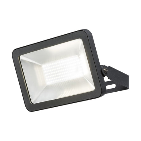 The Outdoor 100W LED Floodlight - 4000K, featuring a sleek black frame and adjustable bracket, emits a cool white glow. Its high lumen output makes it perfect for effortlessly illuminating outdoor spaces or large indoor areas.