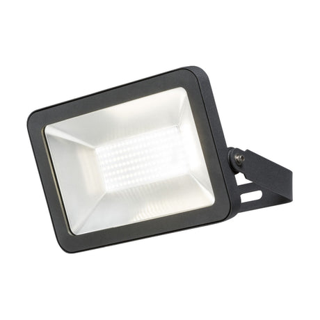 The Outdoor 150W LED Floodlight - 4000K is a black rectangular light equipped with a sturdy mounting bracket, featuring a reflective interior and an array of white LED bulbs for high lumen output, making it ideal for security lighting.