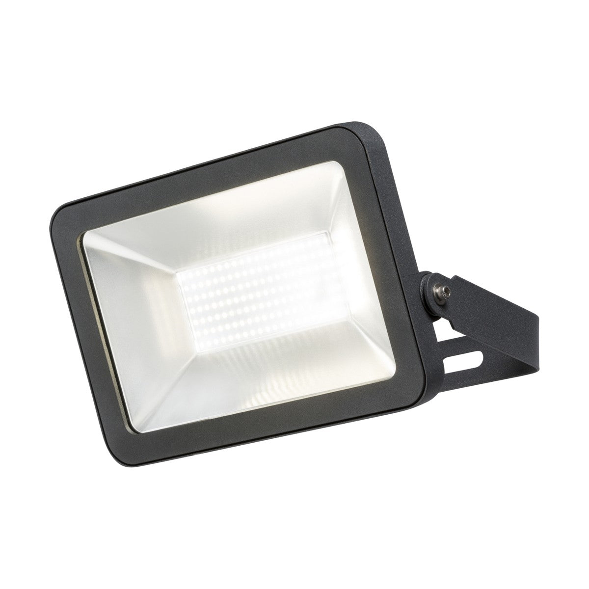 The Outdoor 200W LED Floodlight - 4000K is a black rectangular lighting solution built with a durable die-cast aluminium frame and an adjustable bracket. With integrated LED sensors, it emits a bright white glow ideal for security illumination.