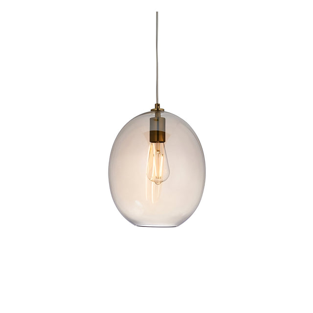 Brockmere Pendant in Brass & Gold, single-light fitting with an oval champagne lustre glass shade, satin brass fitting, and visible E27 bulb.
