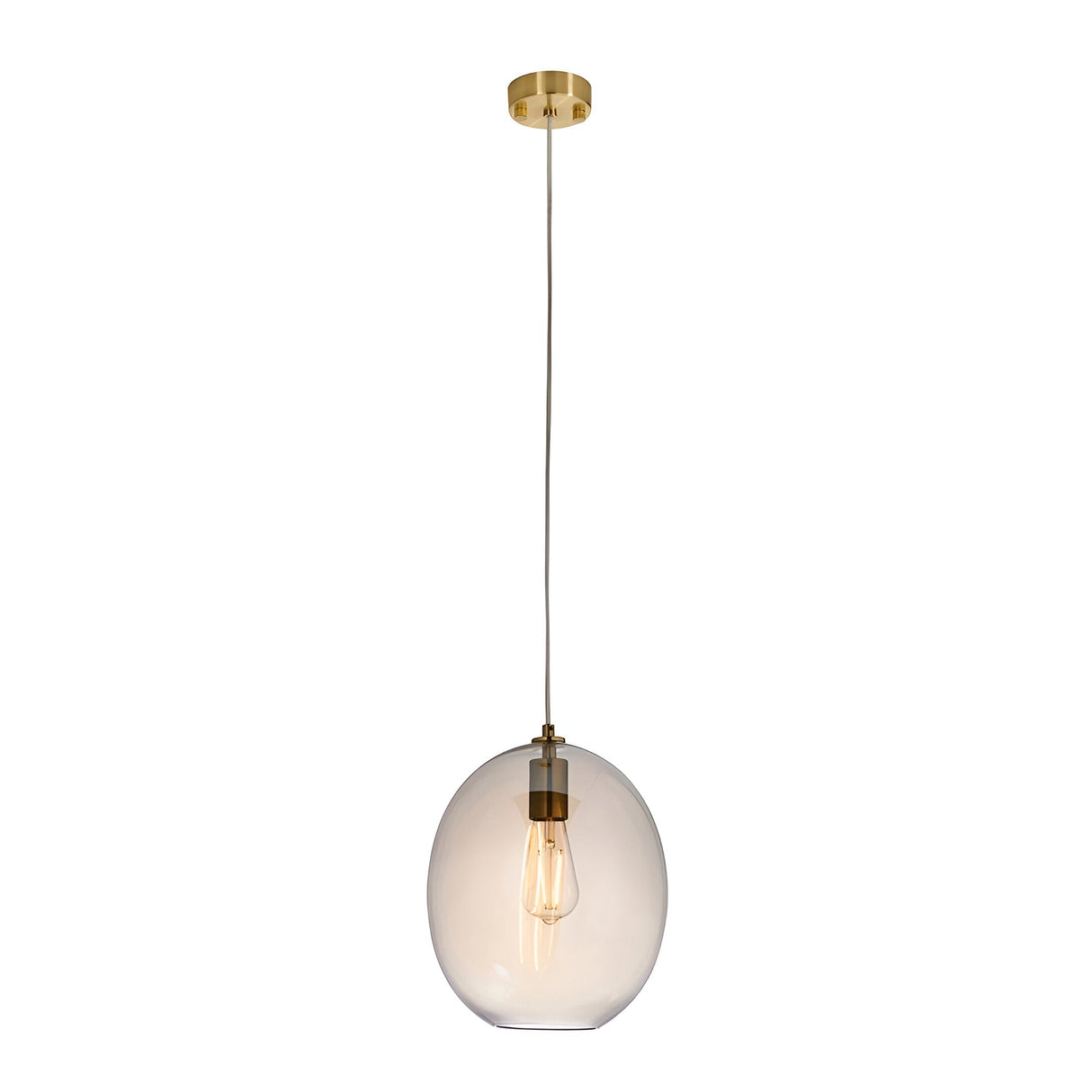 Brockmere Pendant in Brass & Gold, a single-light fitting with an oval champagne lustre glass shade and satin brass ceiling rose.