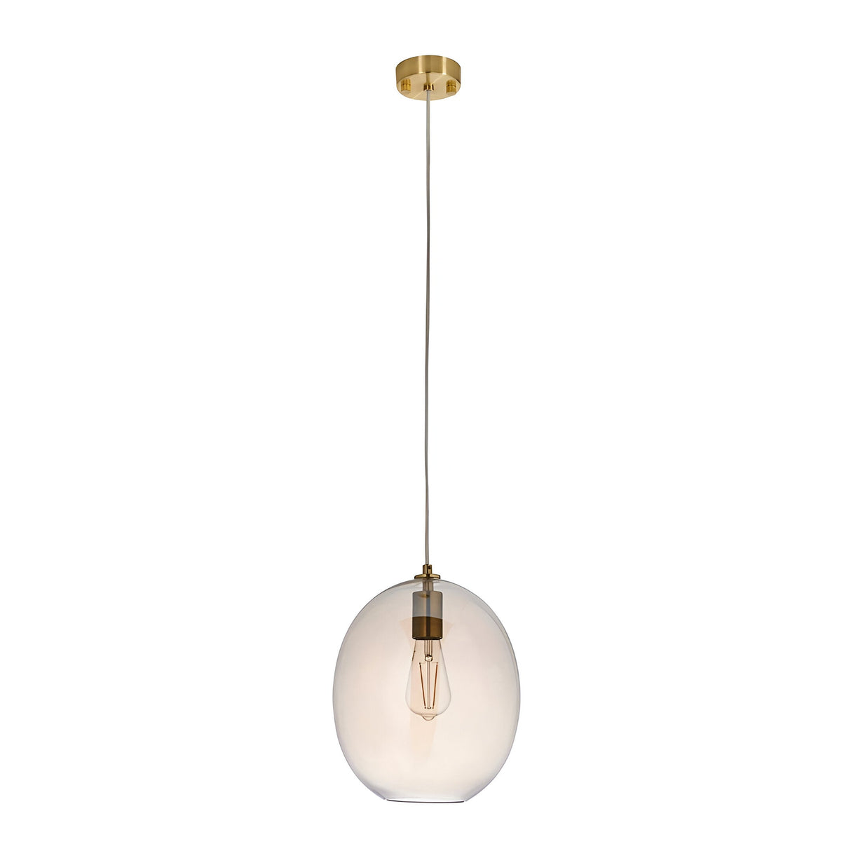 Brockmere Pendant in Brass & Gold, single-light fixture with oval champagne lustre glass shade and satin brass ceiling mount.
