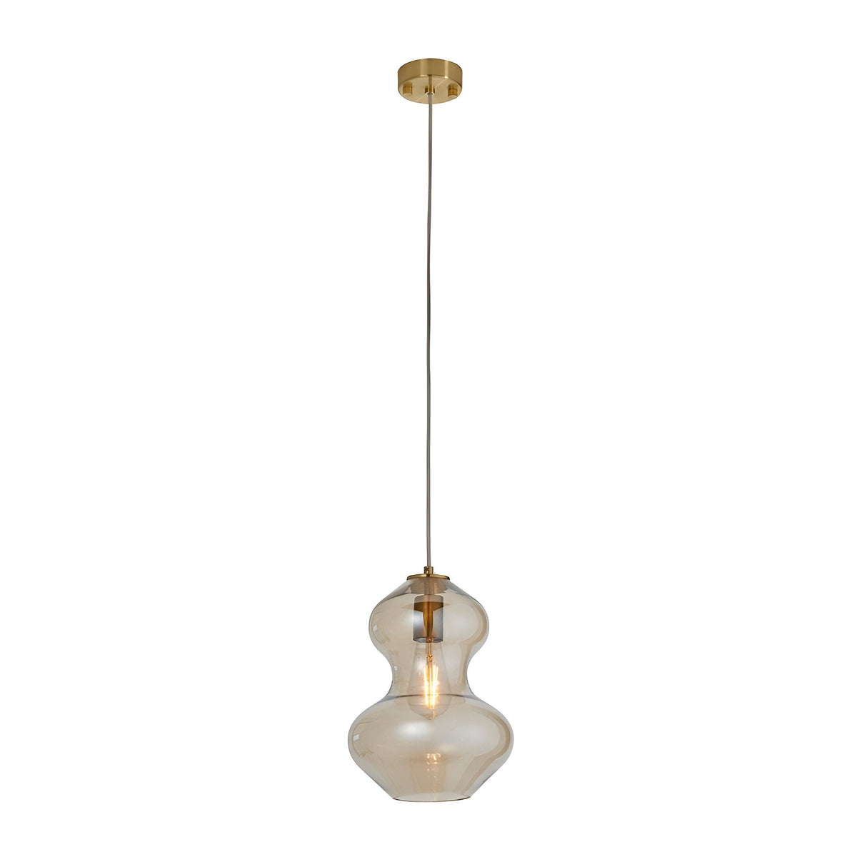 Brockley Pendant in Brass & Gold, single-light fixture with a curved champagne lustre glass shade on a satin brass ceiling rose.
