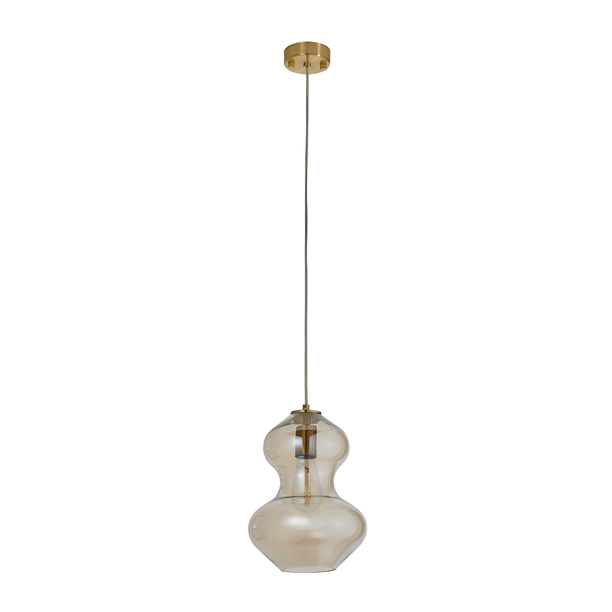 Brockley Pendant in satin brass with a curved champagne lustre glass shade and E27 fitting, shown on a plain white background.
