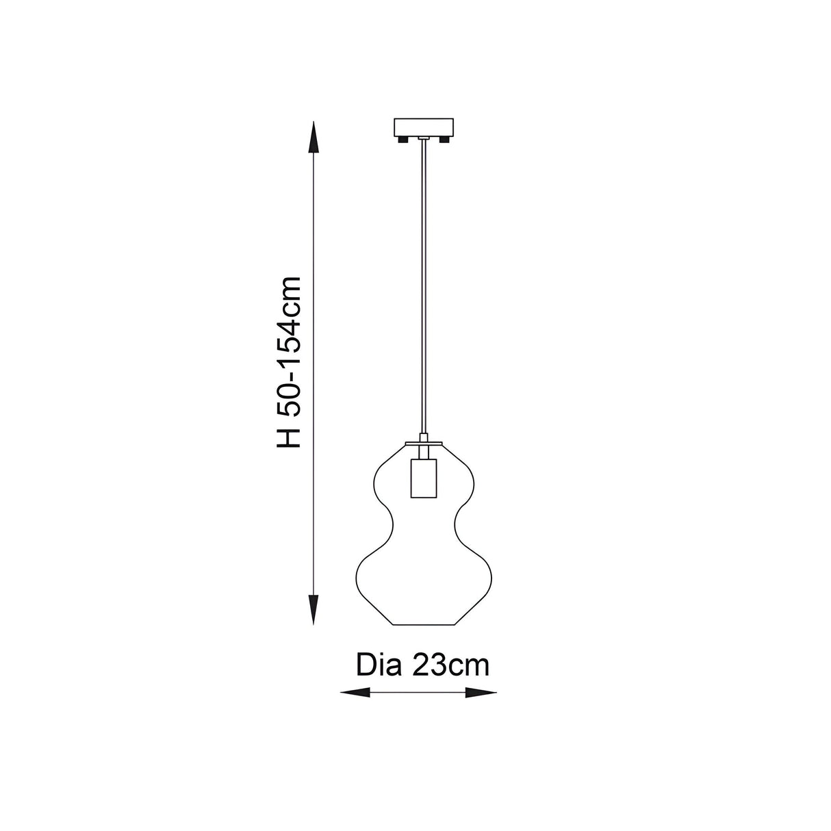 Technical line drawing of the Brockley pendant light showing a curved glass shade on a brass ceiling rose, with adjustable height 50-154cm and 23cm diameter.