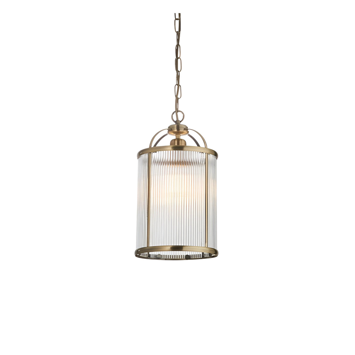 Endon Caldcombe small pendant light with a ribbed clear glass cylindrical shade and antique brass frame, suspended from a chain on a plain background.