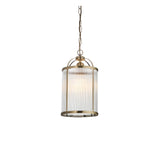 Endon Caldcombe small pendant light with a ribbed clear glass cylindrical shade and antique brass frame, suspended from a chain on a plain background.