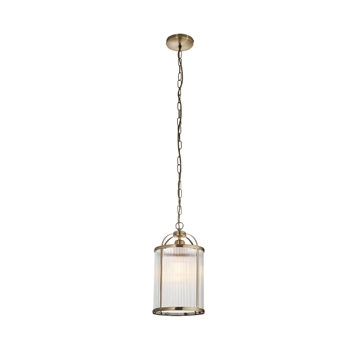 Endon Caldcombe single-light pendant with clear ribbed glass shade on antique brass frame and chain suspension, shown on a white background.