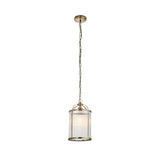 Endon Caldcombe single-light pendant with clear ribbed glass shade on antique brass frame and chain suspension, shown on a white background.