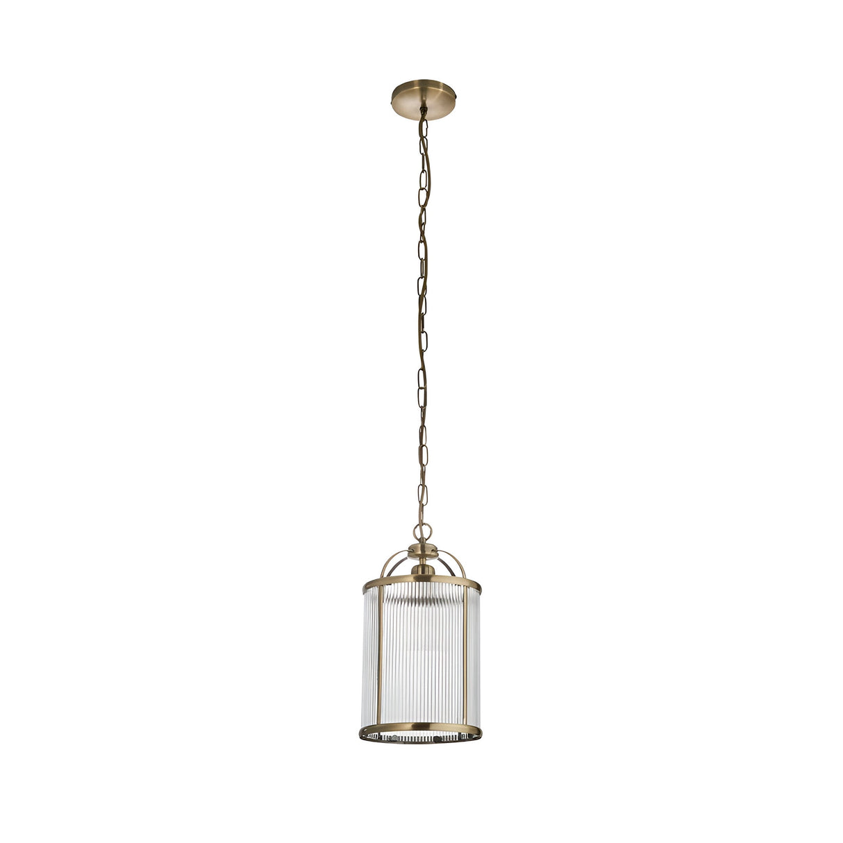 Endon Caldcombe brass pendant light with ribbed glass cylindrical shade in antique brass frame, suspended from chain on plain white background.