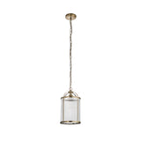 Endon Caldcombe brass pendant light with ribbed glass cylindrical shade in antique brass frame, suspended from chain on plain white background.