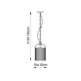 Dimension diagram of the Endon Caldcombe brass pendant light showing adjustable height of 50-190cm and 20cm diameter shade on a plain background.