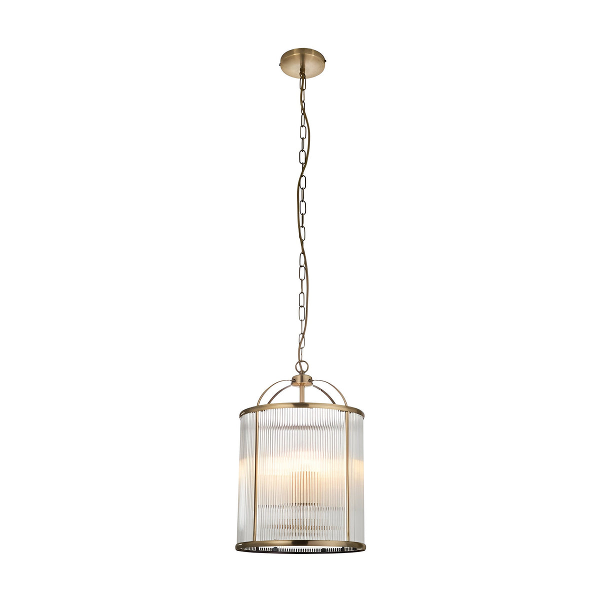 Endon Caldcombe 4 light pendant in antique brass with a cylindrical ribbed clear glass shade, suspended from a chain on a white background.