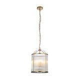 Endon Caldcombe 4 light pendant in antique brass with a cylindrical ribbed clear glass shade, suspended from a chain on a white background.