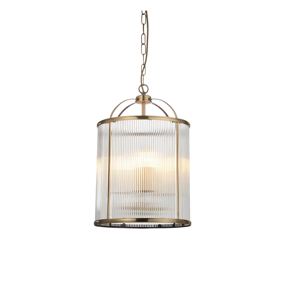 Endon Caldcombe pendant light with clear ribbed glass shade on an antique brass cylindrical frame, suspended from a chain against a white background.