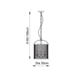 Endon Caldcombe 4 light pendant dimension diagram showing 30cm diameter and adjustable height of 60-198cm.