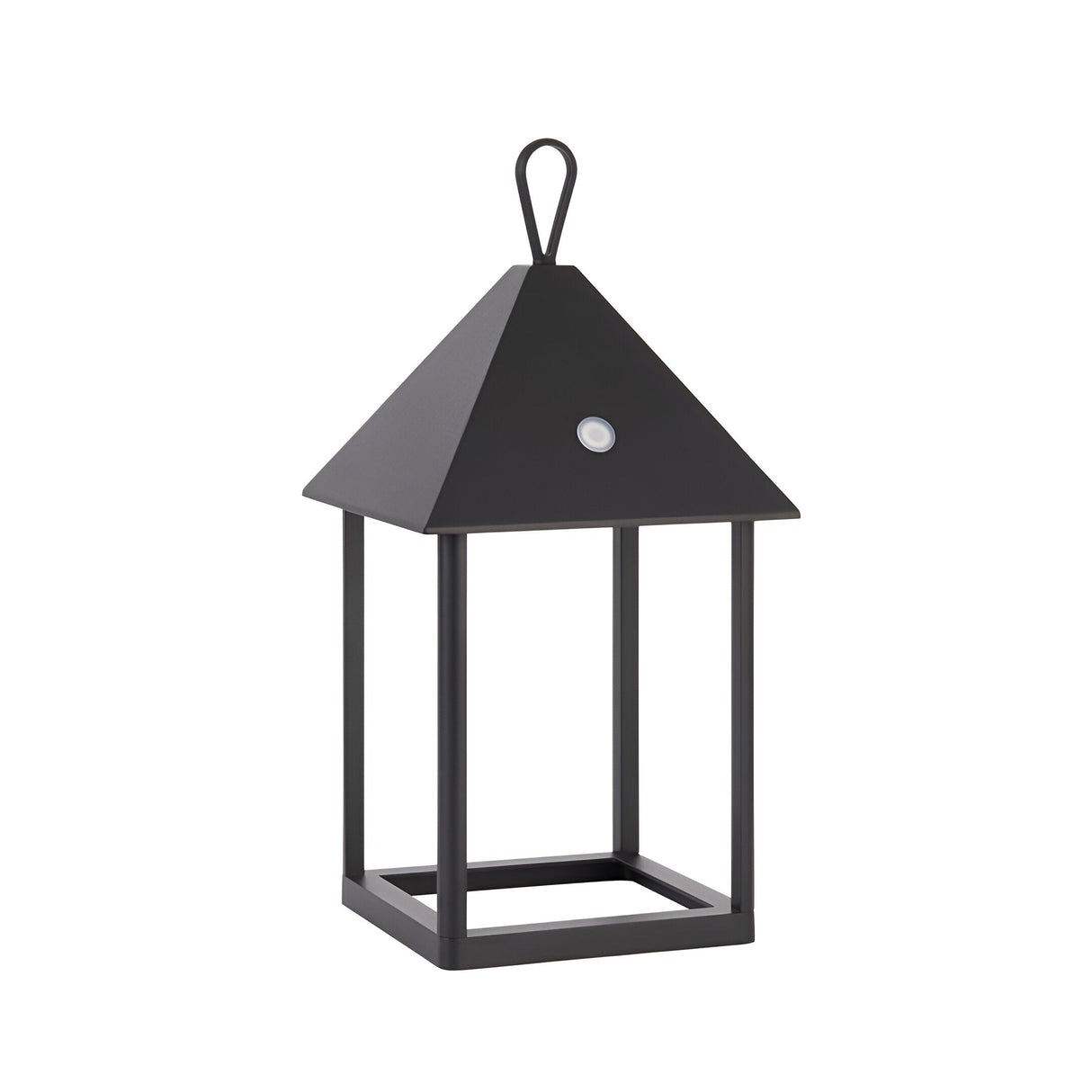 Brenmont Medium Table Lamp in matt black, a bird-house style lantern with pyramid roof, top loop handle and open square frame.